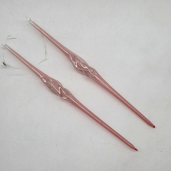 Pink Glass Icicle Ornaments Set Of 2 Twisted Design Christmas Decoration 9.5" - Picture 2 of 5